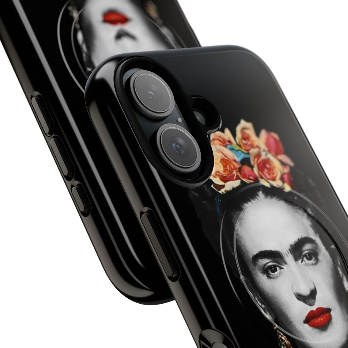 A phone case featuring a black and white watercolor portrait of the iconic Mexican artist Frida Kahlo. - Detail