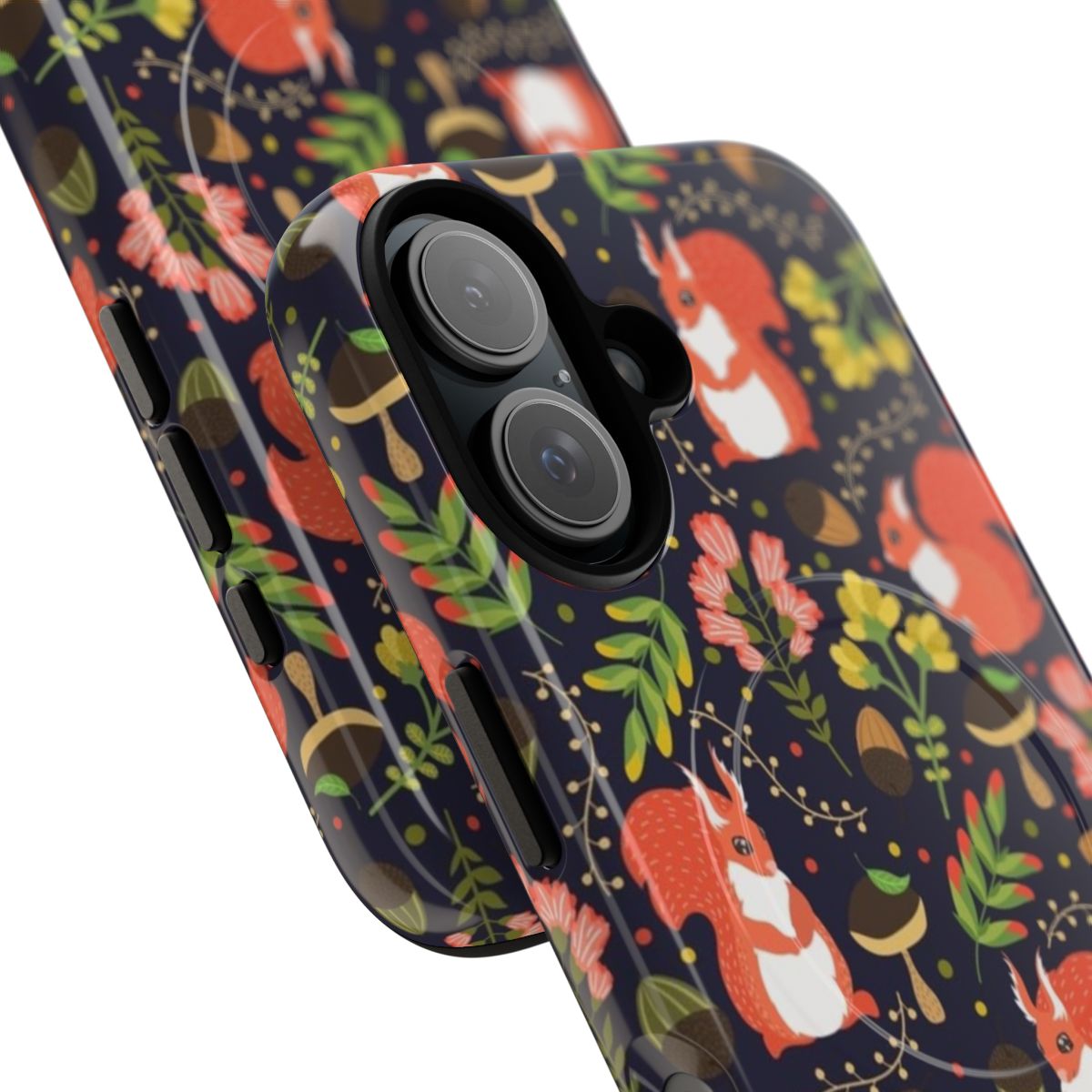 A colorful phone case featuring a cute, cartoon-style squirrel design surrounded by flowers and leaves. - Detail