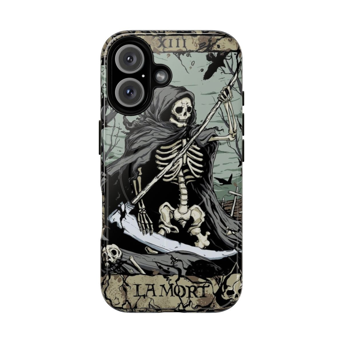 Phone case with detailed skull and grim reaper design