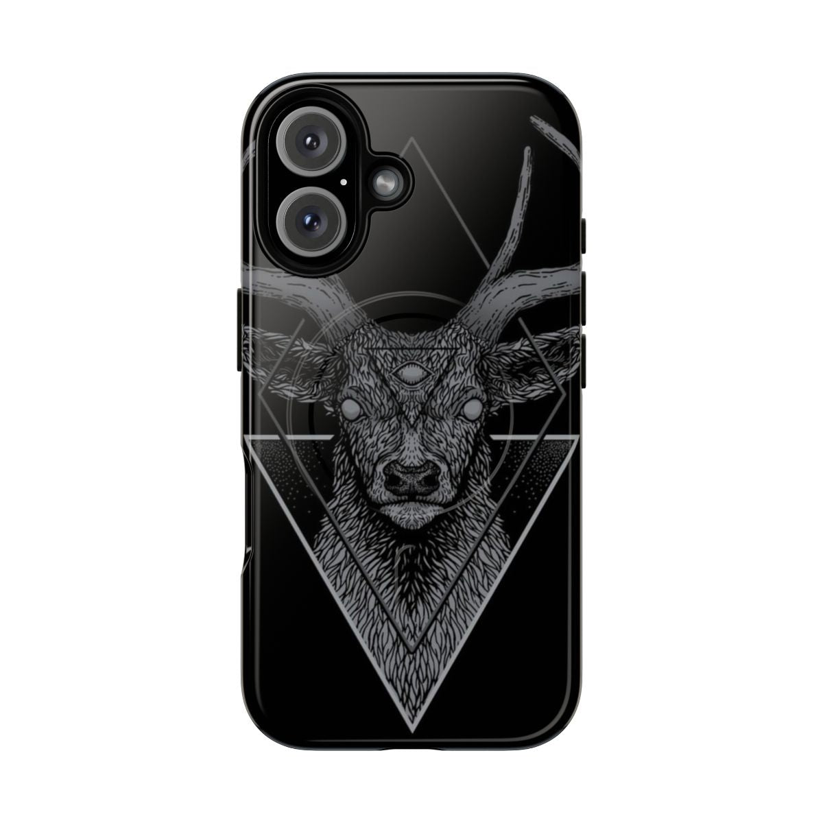 Dark deer silhouette on a geometric and occult-inspired phone case design