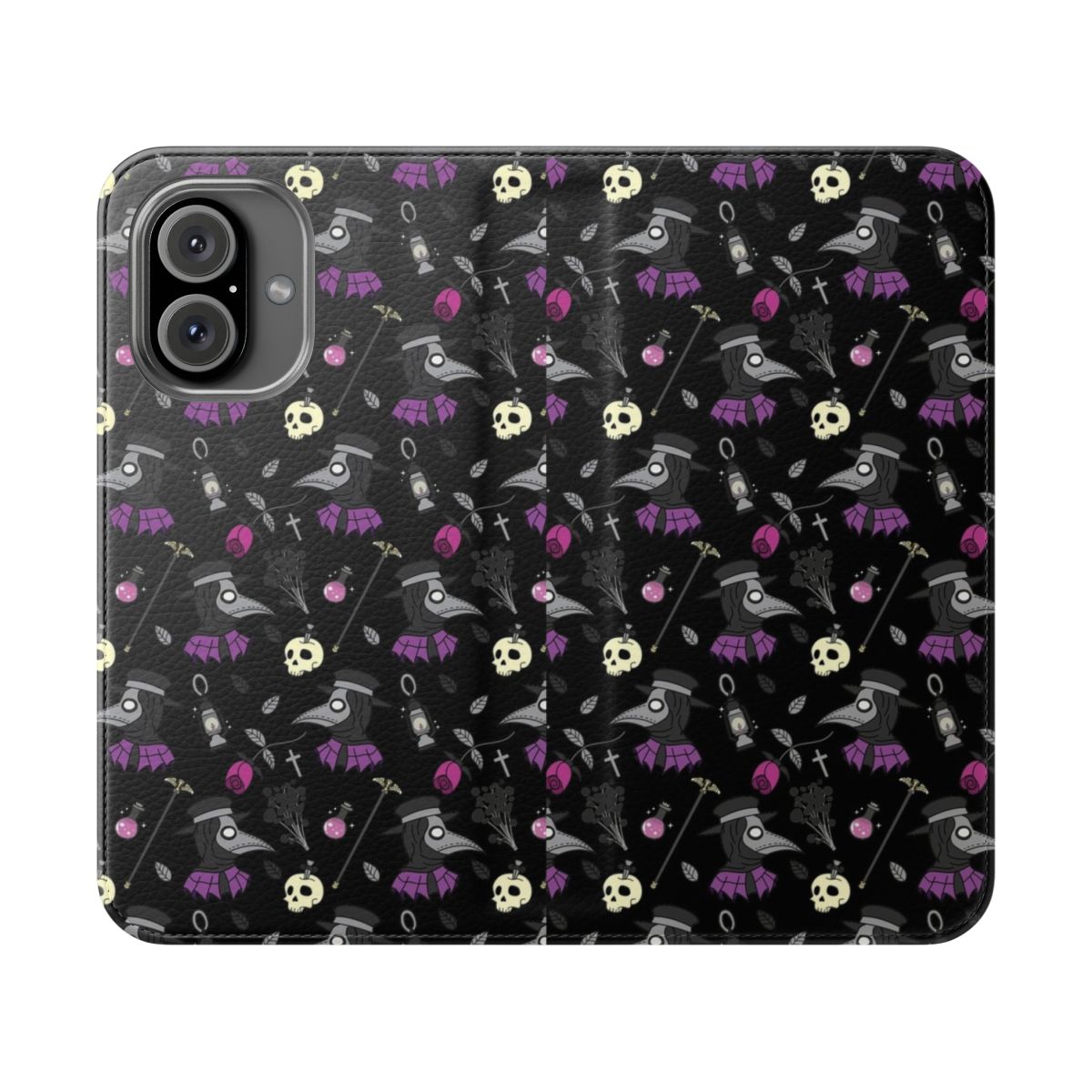 Plague doctor inspired flip phone case with bird mask, skull, and lantern design