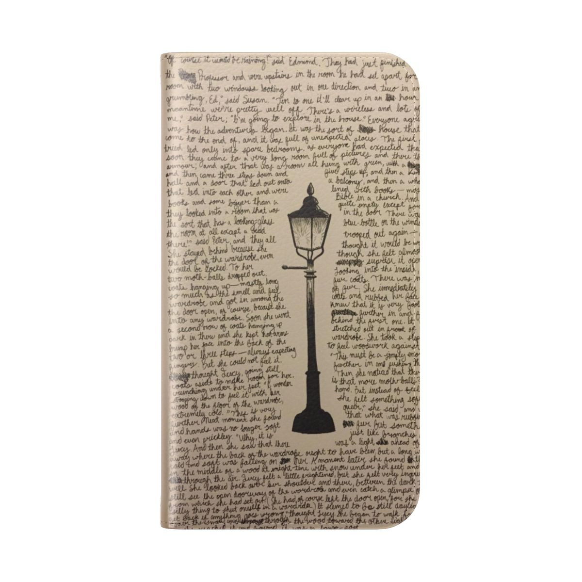 Flip cover phone case with a sketch of a lamp post, inspired by The Chronicles of Narnia by C.S. Lewis. - Folded Back