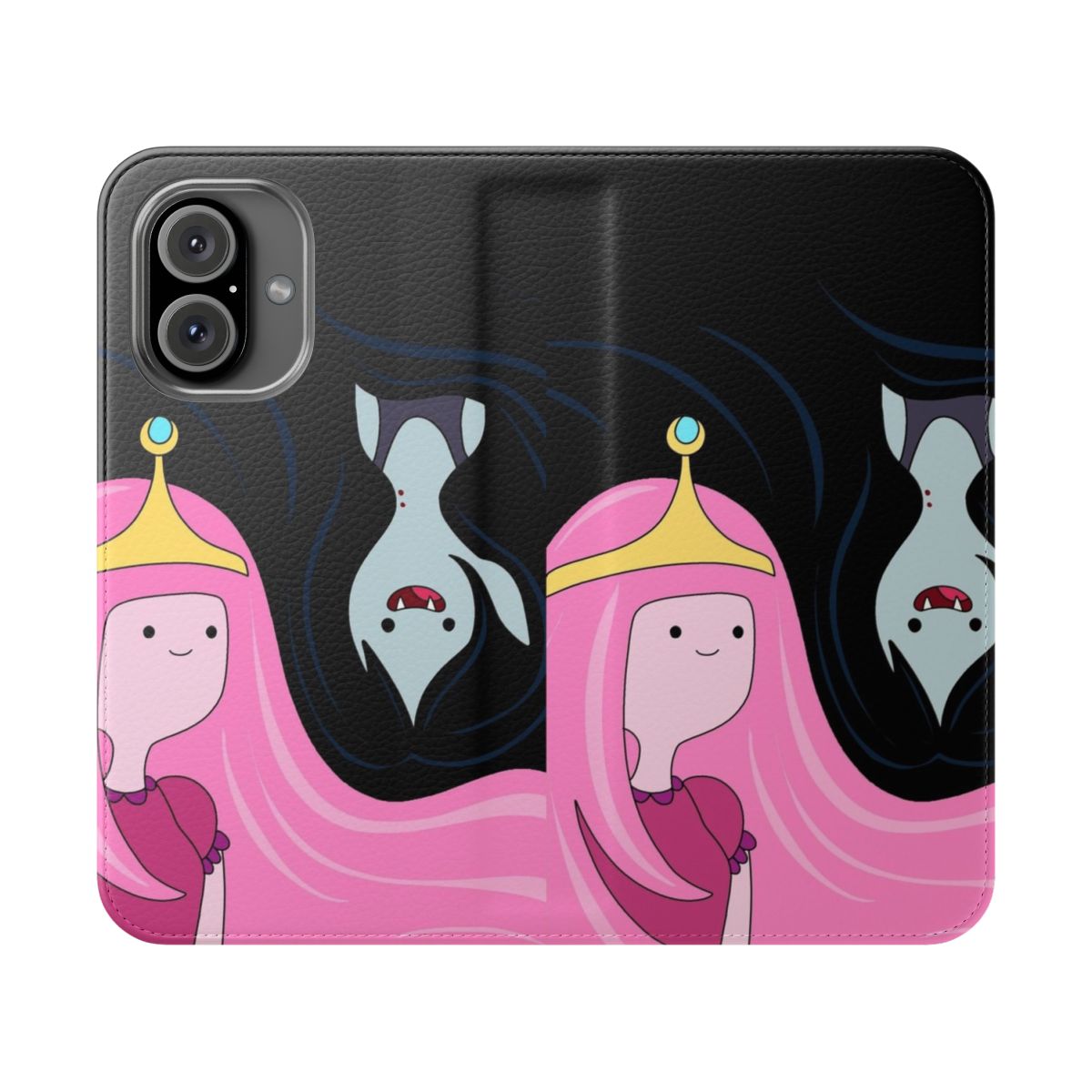 Vibrant fan-made flip cover phone case featuring Princess Bubblegum and Marceline from the cartoon series Adventure Time.