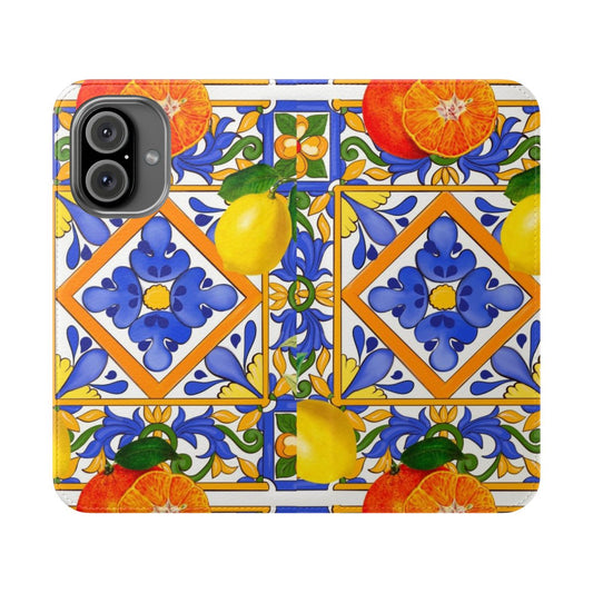 Colorful flip cover phone case featuring a vibrant Mediterranean-inspired pattern with Sicilian tiles, citrus fruits, and majolica design.