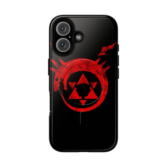 Magnetic phone case with a rust-colored Ouroboros logo from Full Metal Alchemist manga series