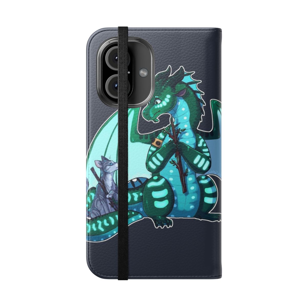 Flip phone case featuring stick figure characters from the fantasy book series "Wings of Fire" and "Warriors" - Folded Front