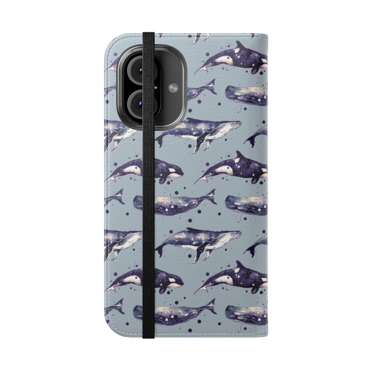 Watercolor painting of three whales - orca, sperm, and humpback - in shades of blue on a grey flip cover phone case - Folded Front