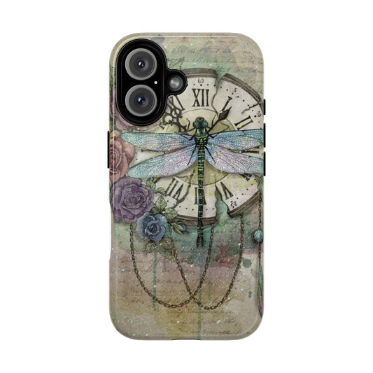 Magnetic phone case with a design featuring a dragonfly, rose flowers, and wings