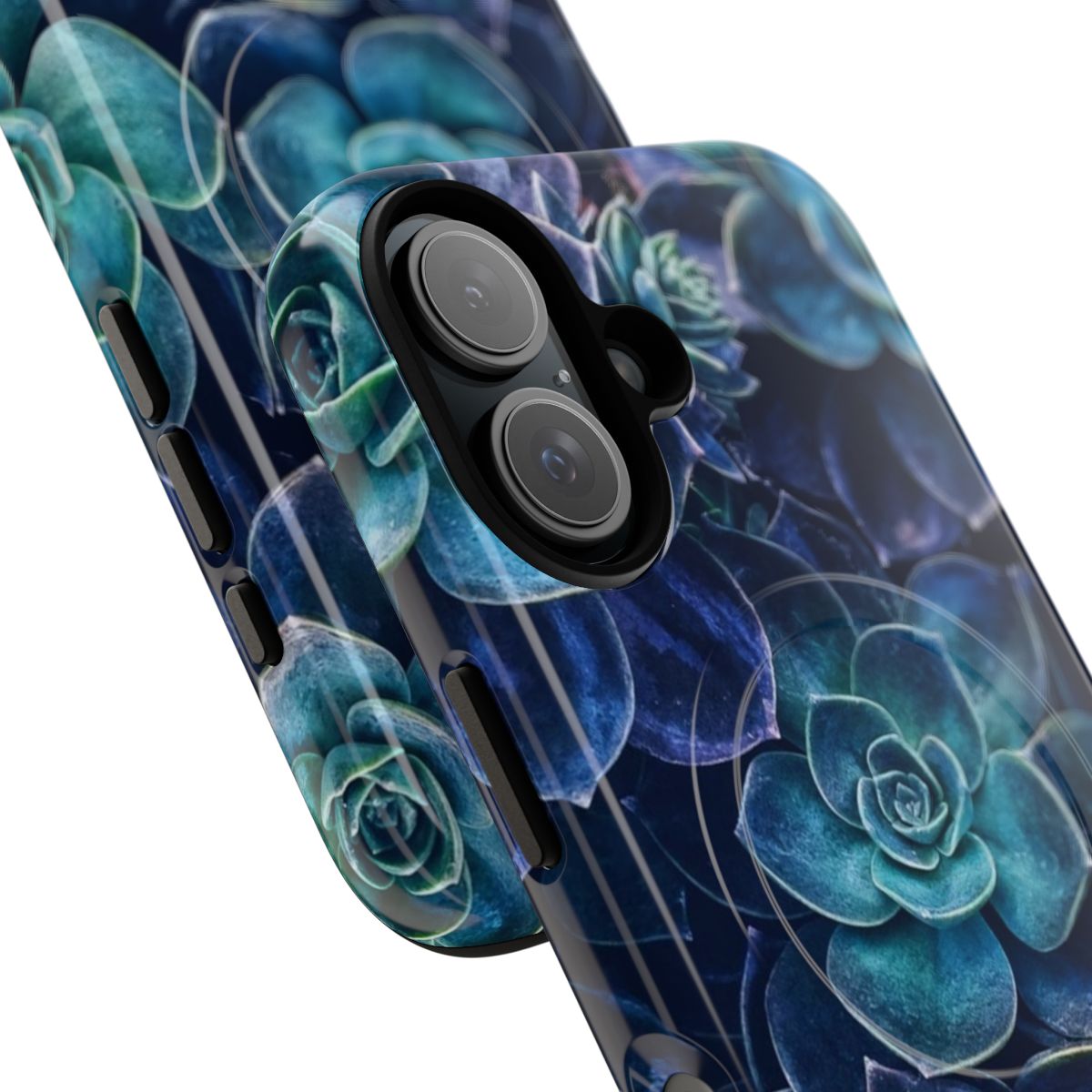 Stylish magnetic tough phone case featuring a design with succulent and plant motifs. - Detail