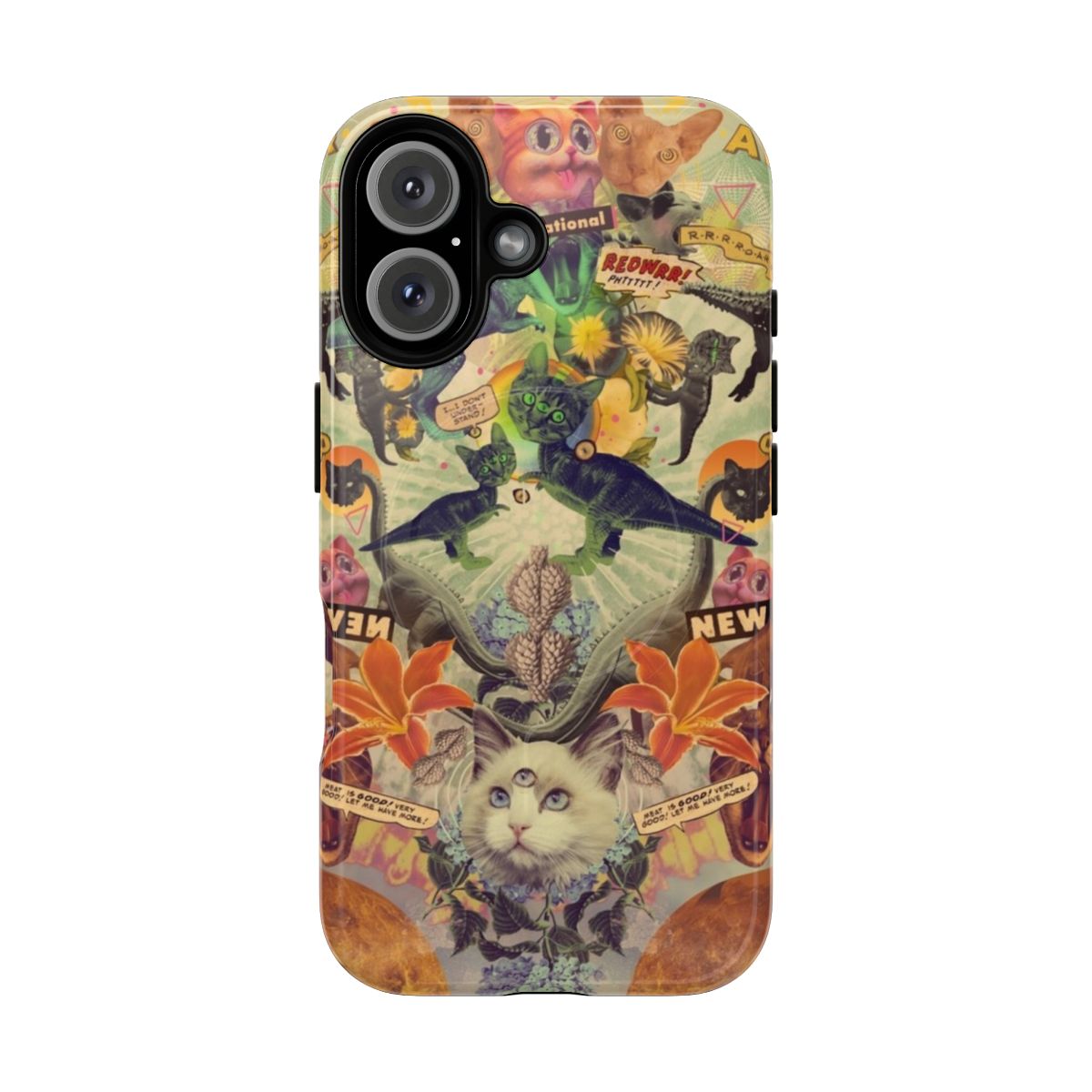 Colorful phone case featuring a collage design of cats and dinosaurs