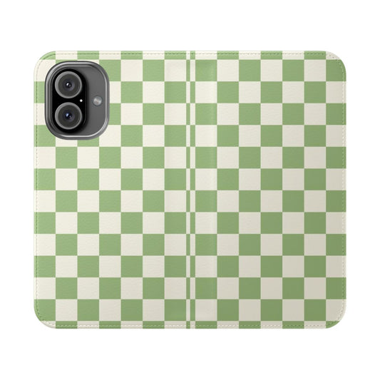 Checkerboard pattern phone case in light sage green and cream