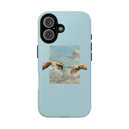 Michaelangelo's 'The Creation of Adam' depicted on a blue magnetic phone case with a classic, artistic aesthetic.