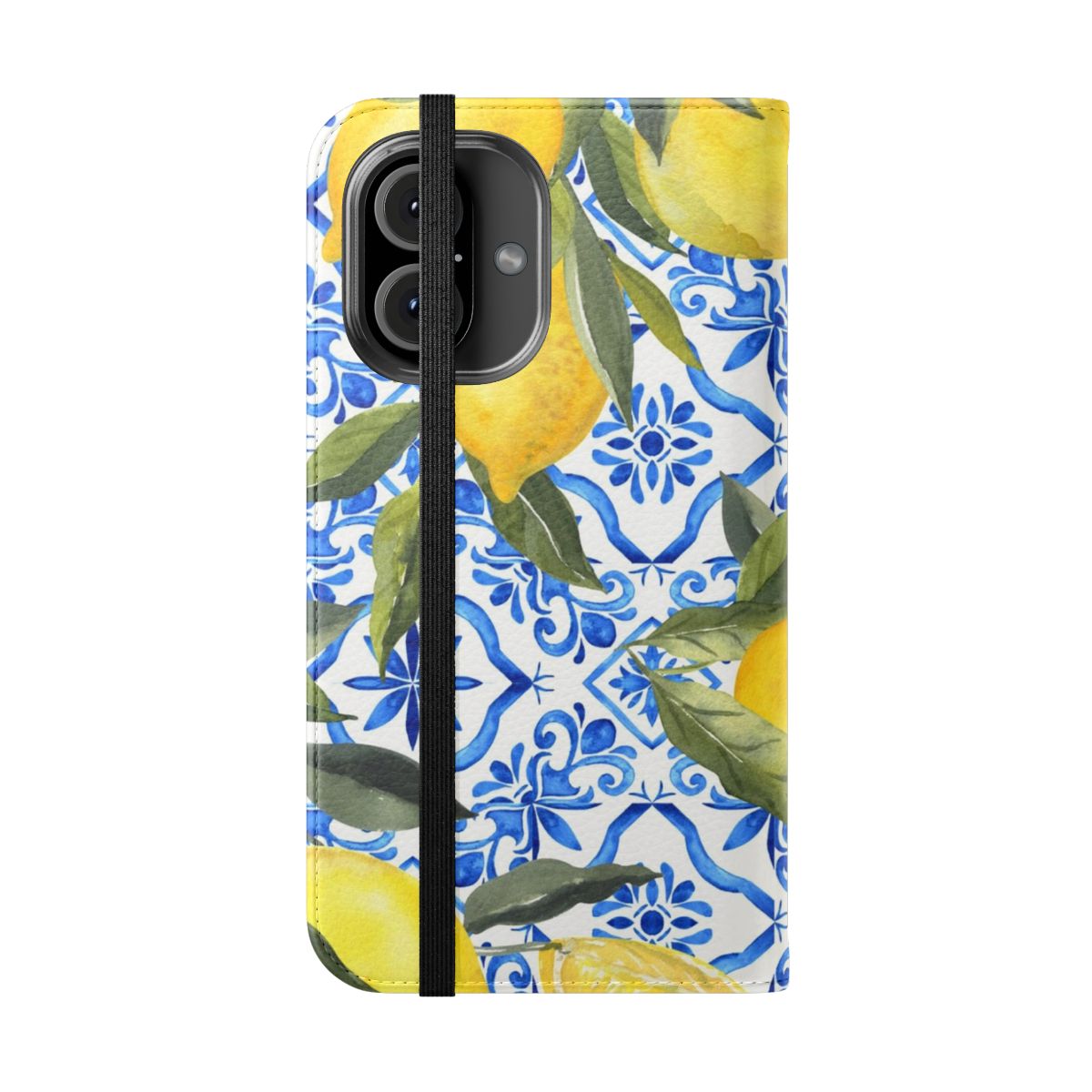 Blue and white tile pattern phone case with a lemon design - Folded Front