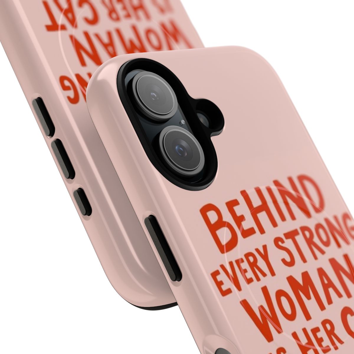 Magnetic phone case featuring a design of a strong, empowered woman with her cat. - Detail