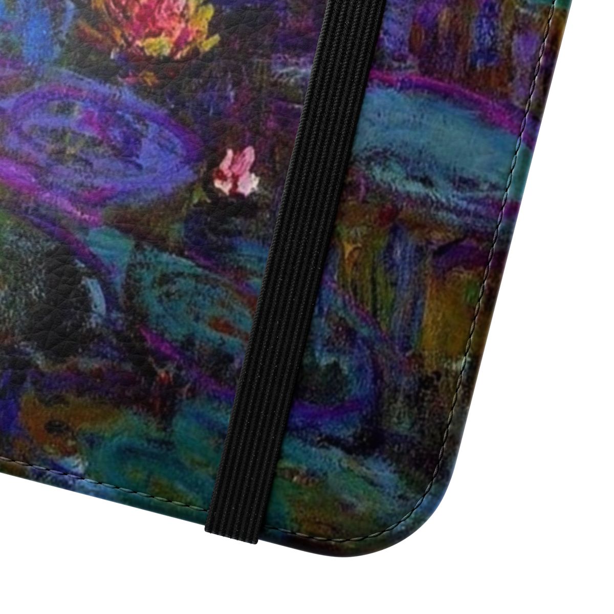 Monet-style water lilies painting on a flip phone case - Close Up