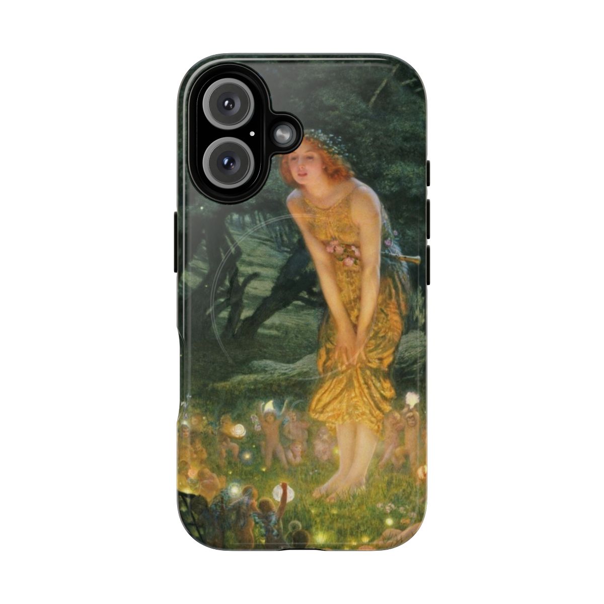 A phone case featuring a whimsical fantasy scene with elves, gnomes, and other magical forest creatures.