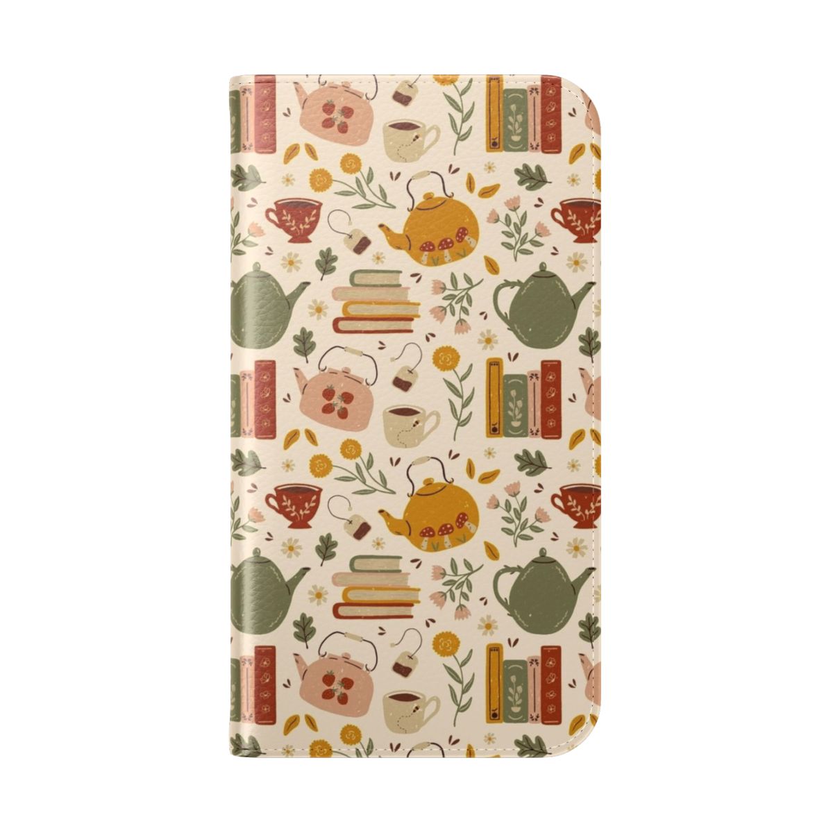 Whimsical floral phone case with a vintage-inspired books and tea design - Folded Back