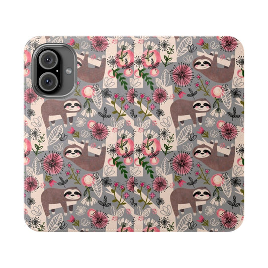 Flip cover phone case featuring a design with happy, cute sloths hanging from a tree.