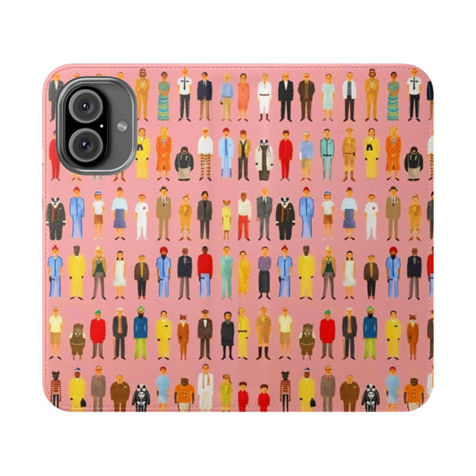 Pastel-colored flip phone case featuring characters from Wes Anderson films