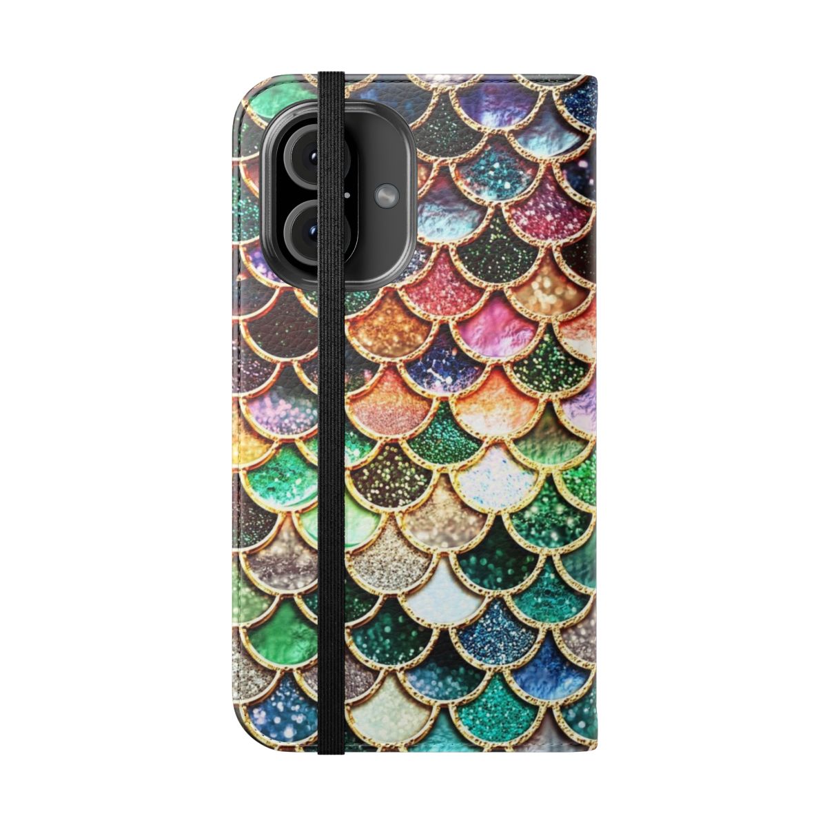 Sparkly mermaid scales phone case in gold, pink, and green colors - Folded Front