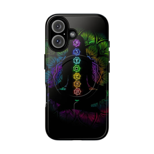 Vibrant mandala art phone case featuring the seven chakra symbols