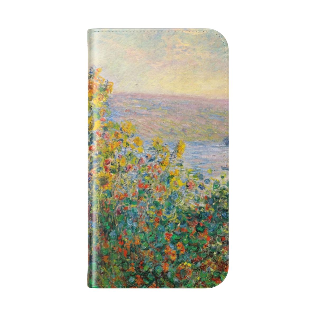 Monet-style impressionist painting of flower beds in a soft, pastel color palette on a phone case - Folded Back