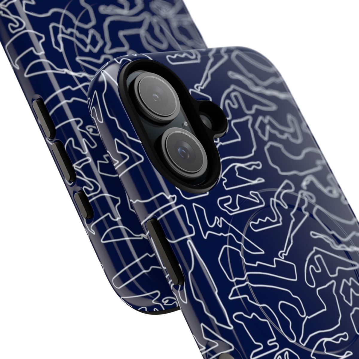 Dark blue magnetic tough phone case featuring F1 race track designs for formula one enthusiasts - Detail