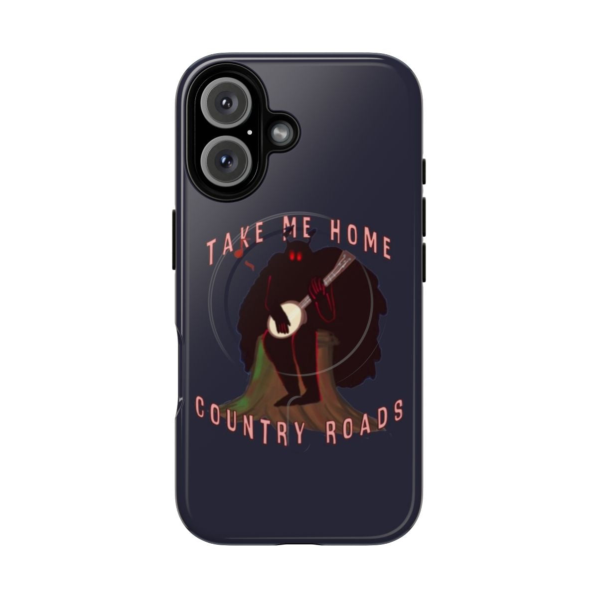 Magnetic tough phone case featuring Mothman, a cryptid from West Virginia, and the country roads landscape.