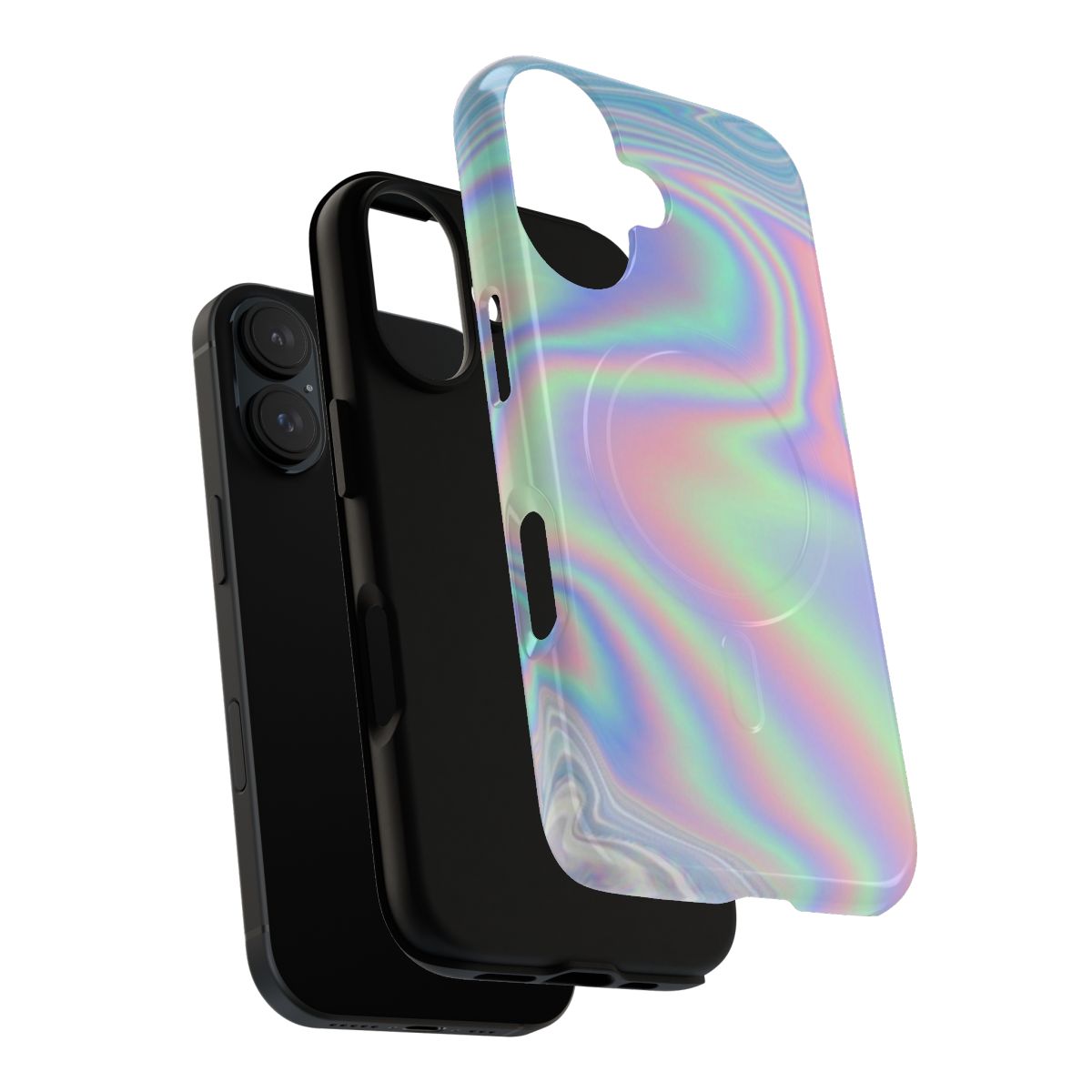 Holographic and iridescent phone case with a shimmering, wavy psychedelic pattern - Layers