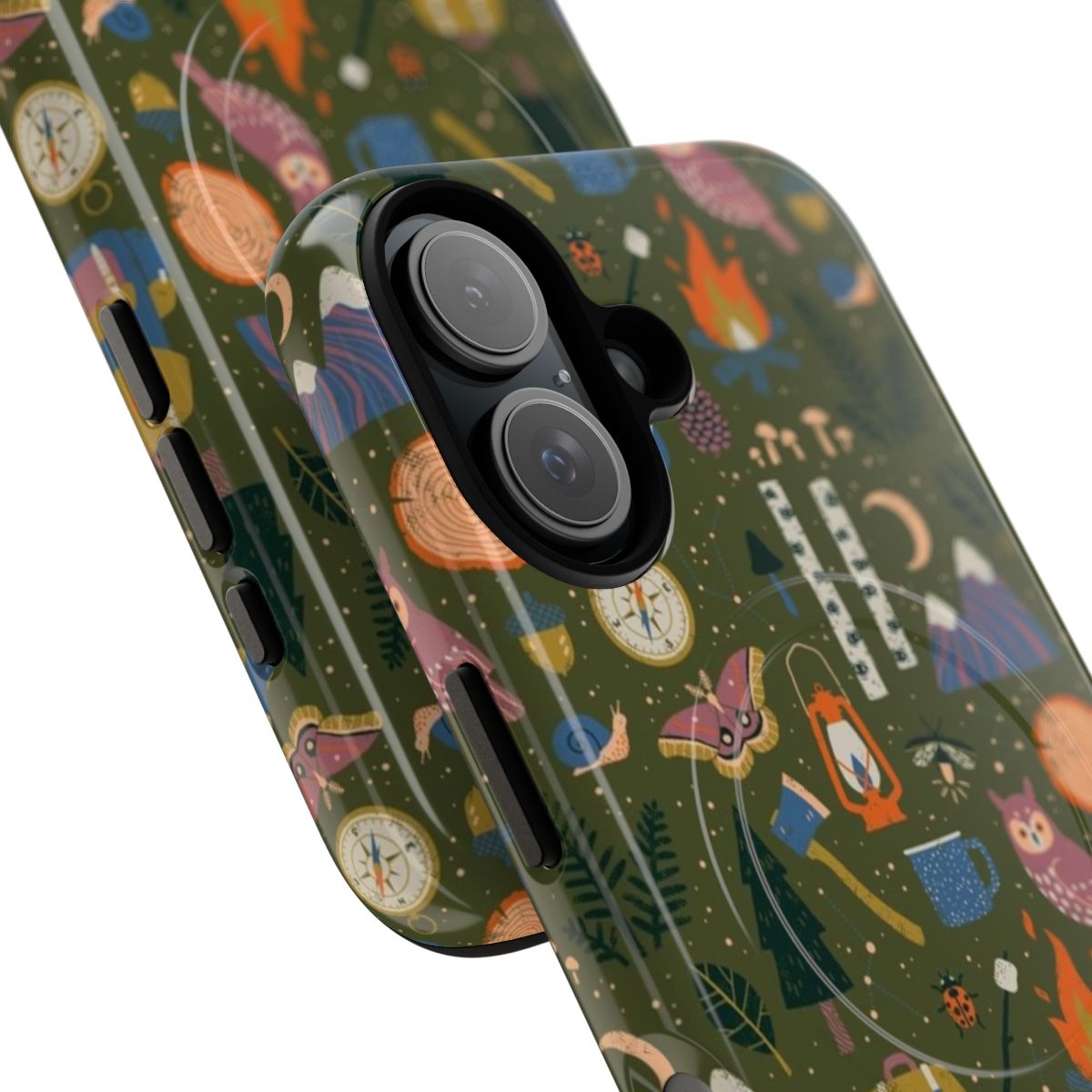 Magnetic phone case with a forest, campfire, and nocturnal wildlife design - Detail