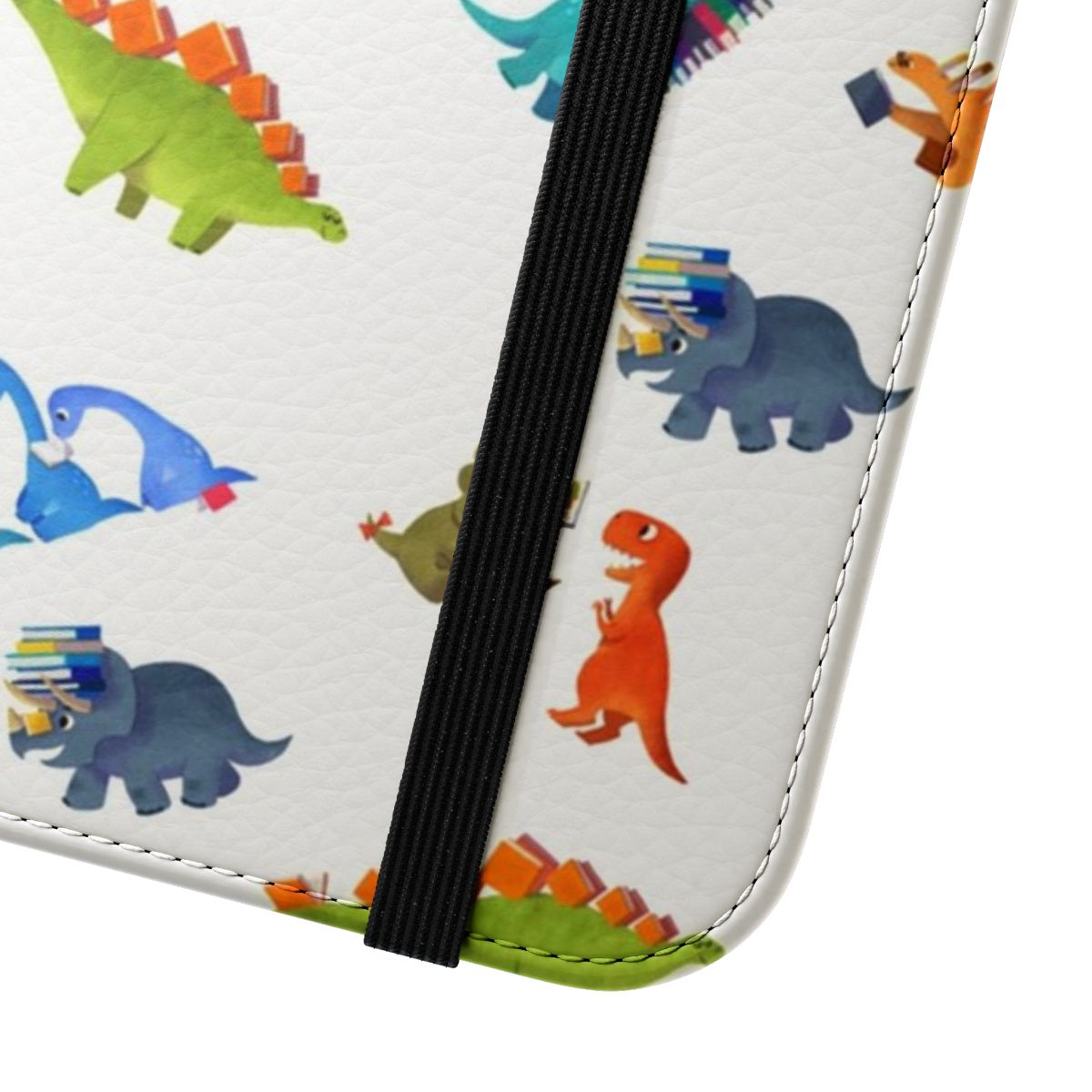 Dinosaur-themed flip cover phone case featuring a book-style design for kids - Close Up