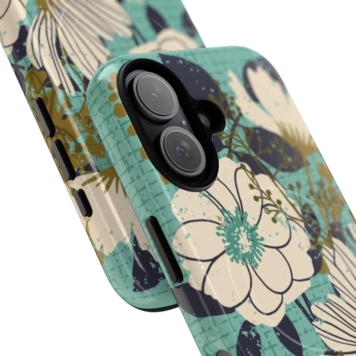 Floral bouquet phone case with vintage, distressed design on a turquoise and cream background - Detail