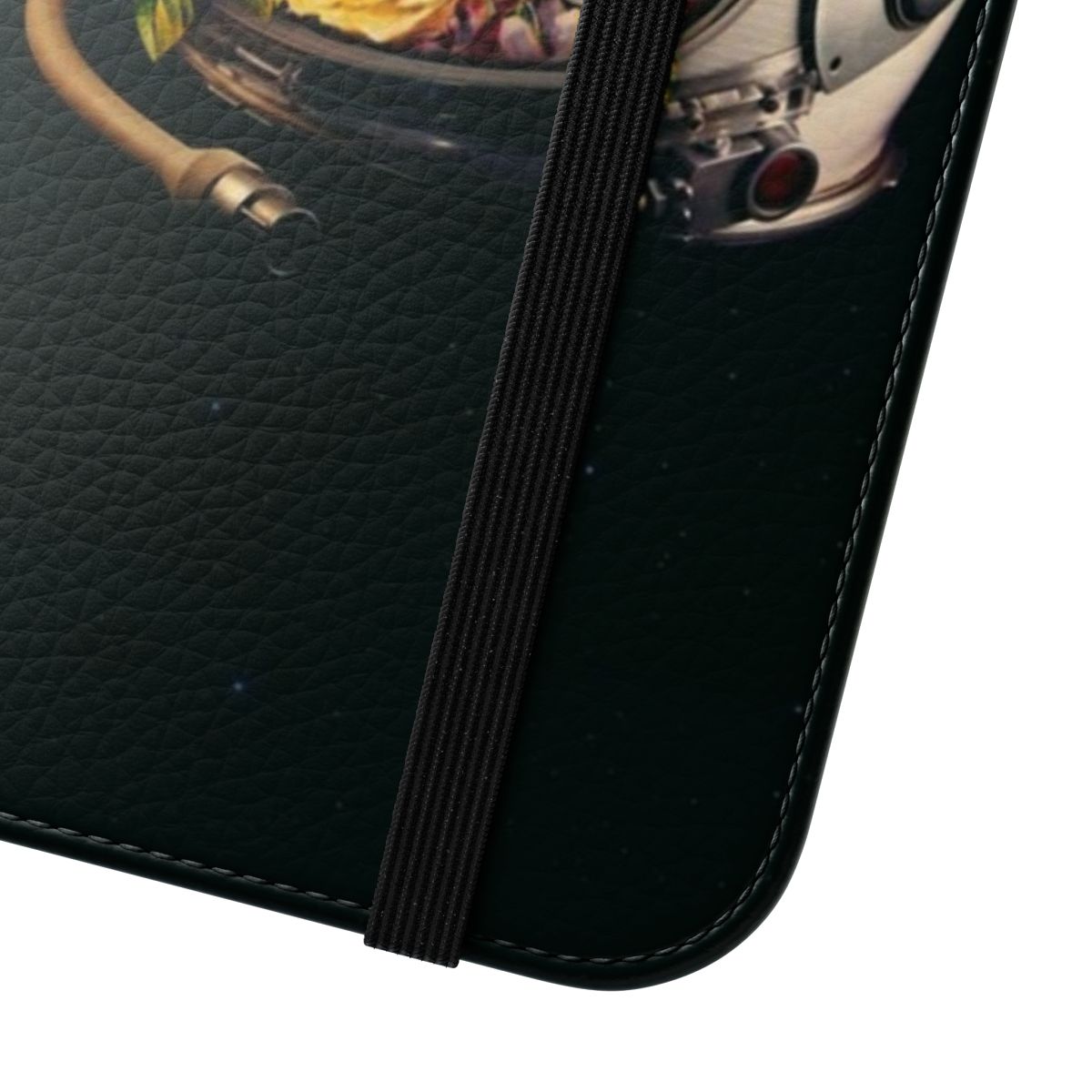 Floral phone case with a surreal, space-themed collage design featuring an astronaut, stars, and flowers. - Close Up