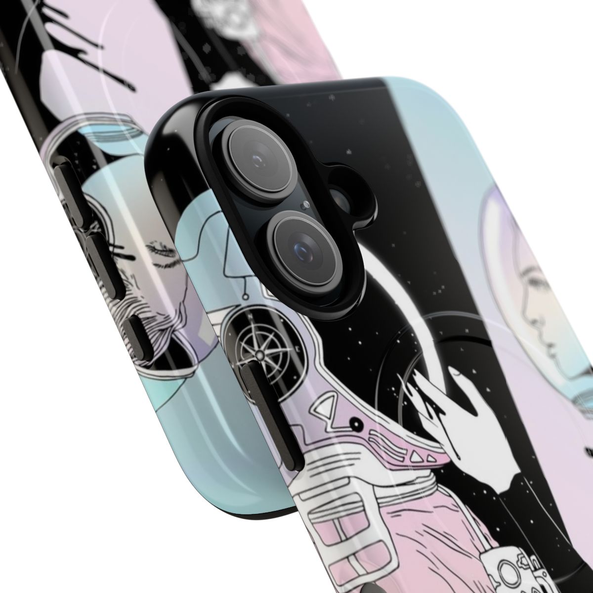 Space-themed magnetic tough phone case with galaxy, planets, and astronaut design - Detail