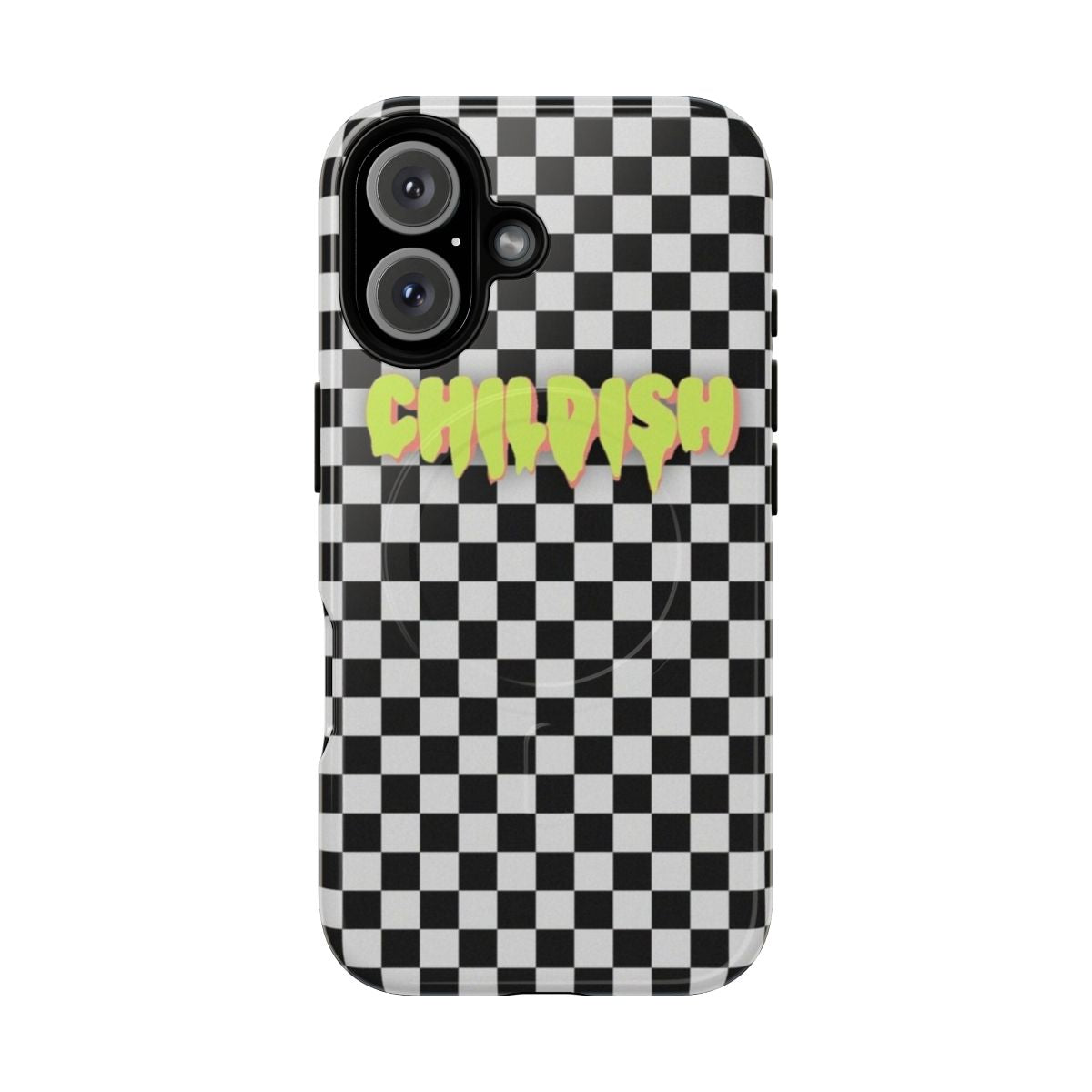 Magnetic tough phone case with a black and white "Childish" design inspired by TGFbro