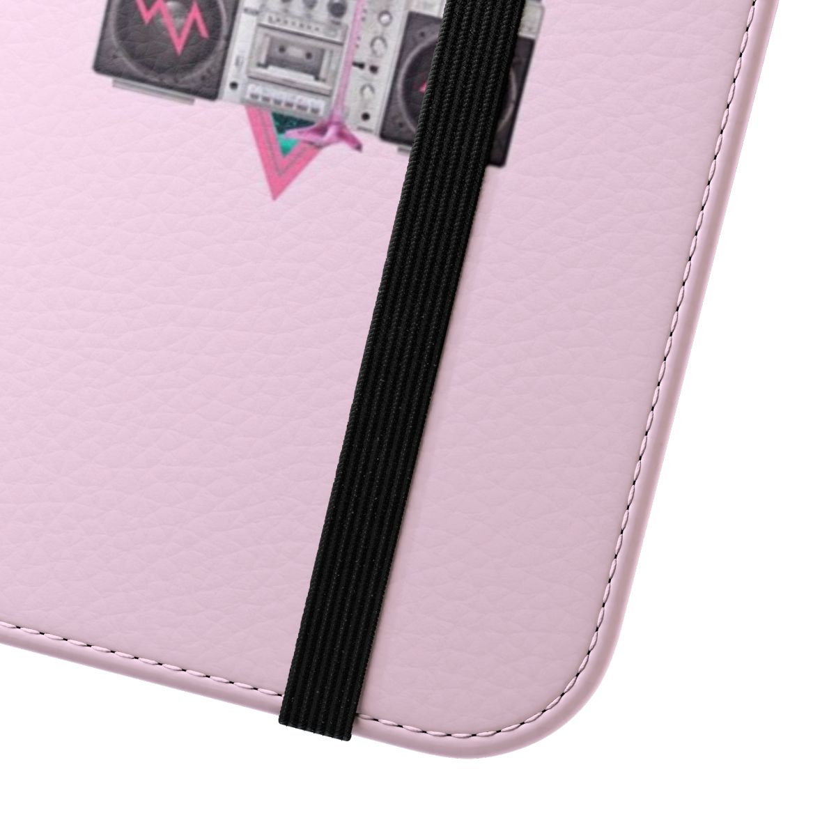 Retro phone case with a pink flamingo design in a 1980s synthwave style - Close Up