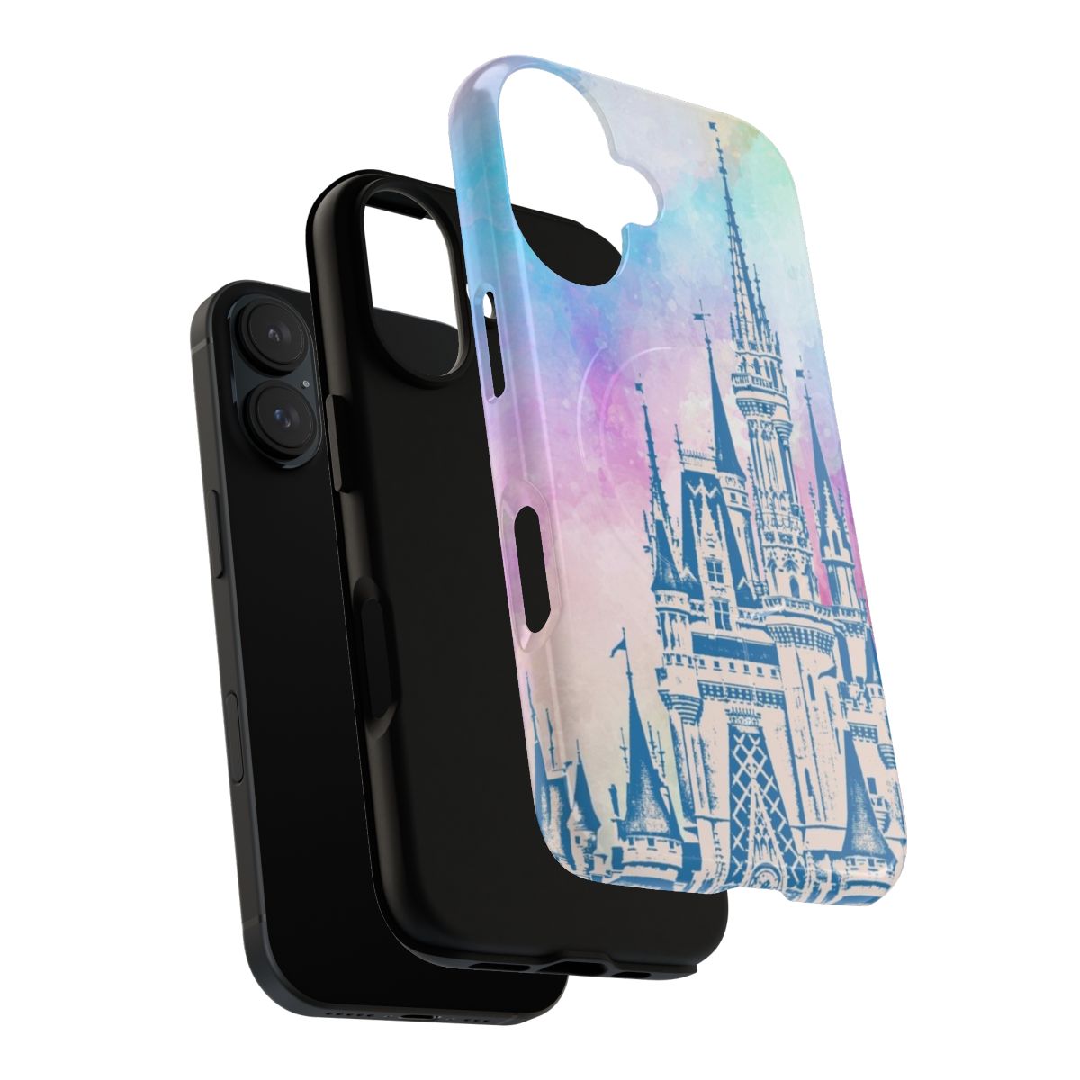 A vibrant and whimsical watercolor phone case featuring a silhouette of a Disney castle. - Layers