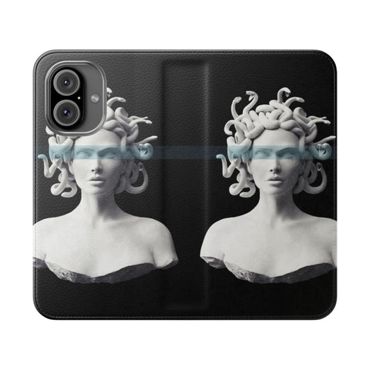 Medusa-Inspired Flip Cover Phone Case with Textured, Modern Design