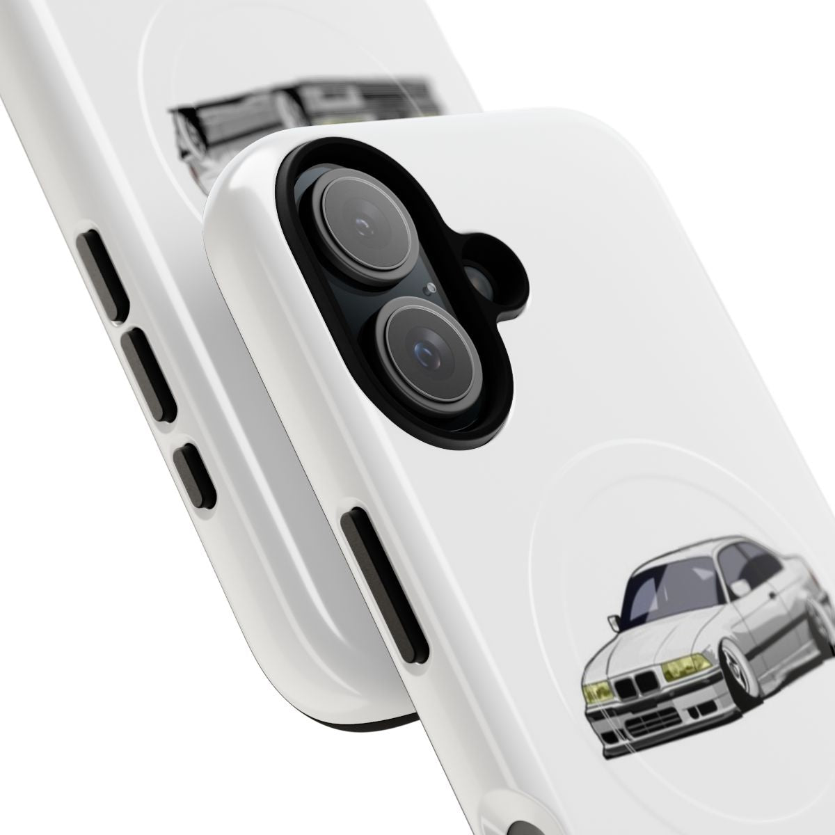 White BMW-themed magnetic phone case with a stanced design - Detail