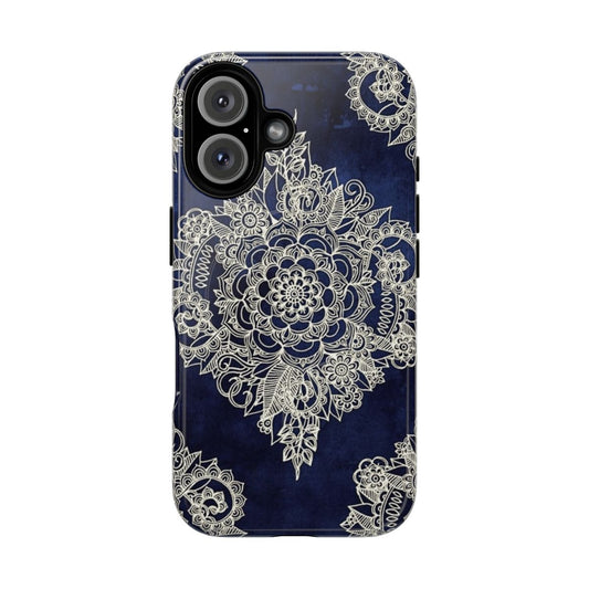 Cream floral Moroccan pattern on deep indigo background phone case