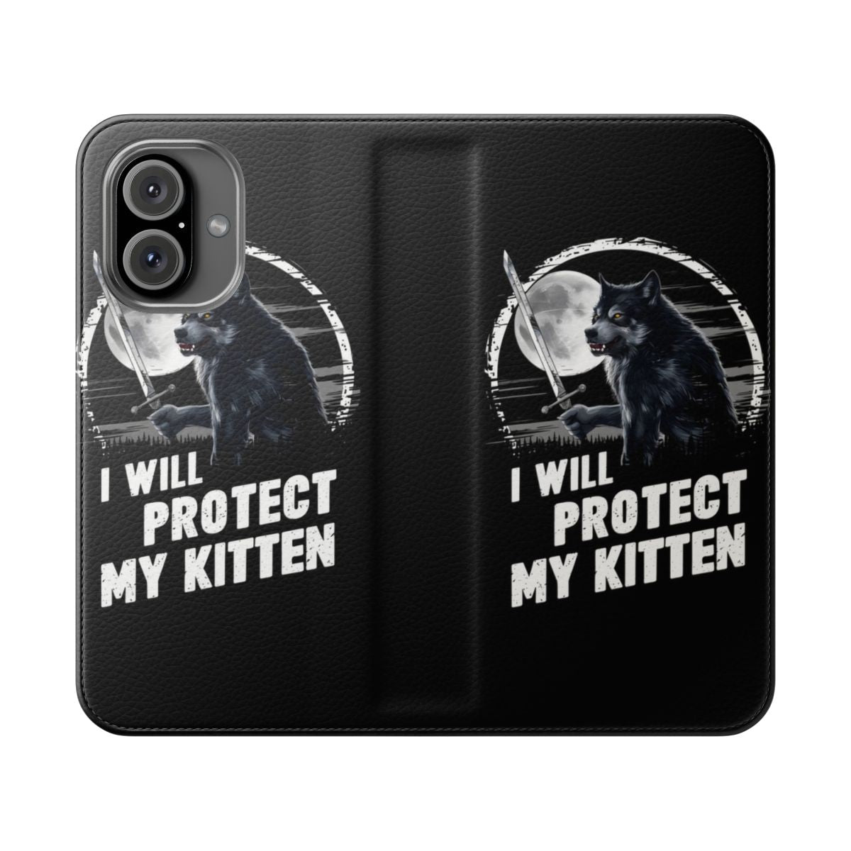 Flip cover phone case featuring a werewolf protecting a kitten in a humorous meme-style design