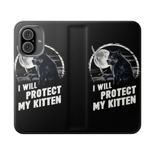 Flip cover phone case featuring a werewolf protecting a kitten in a humorous meme-style design