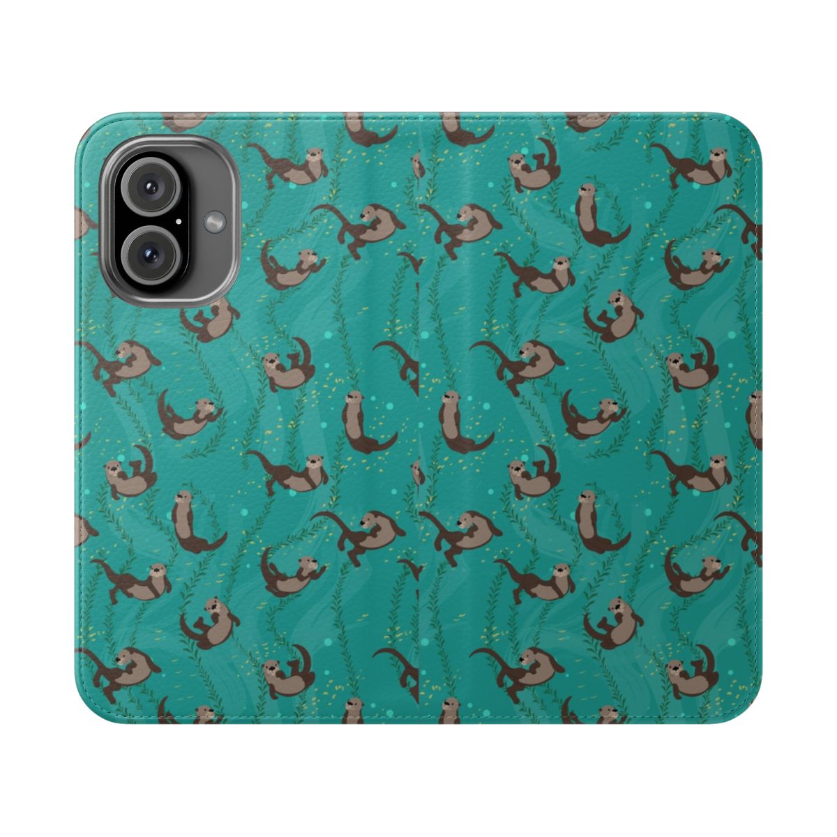 A whimsical phone case featuring a group of playful otters swimming underwater with bubbles.