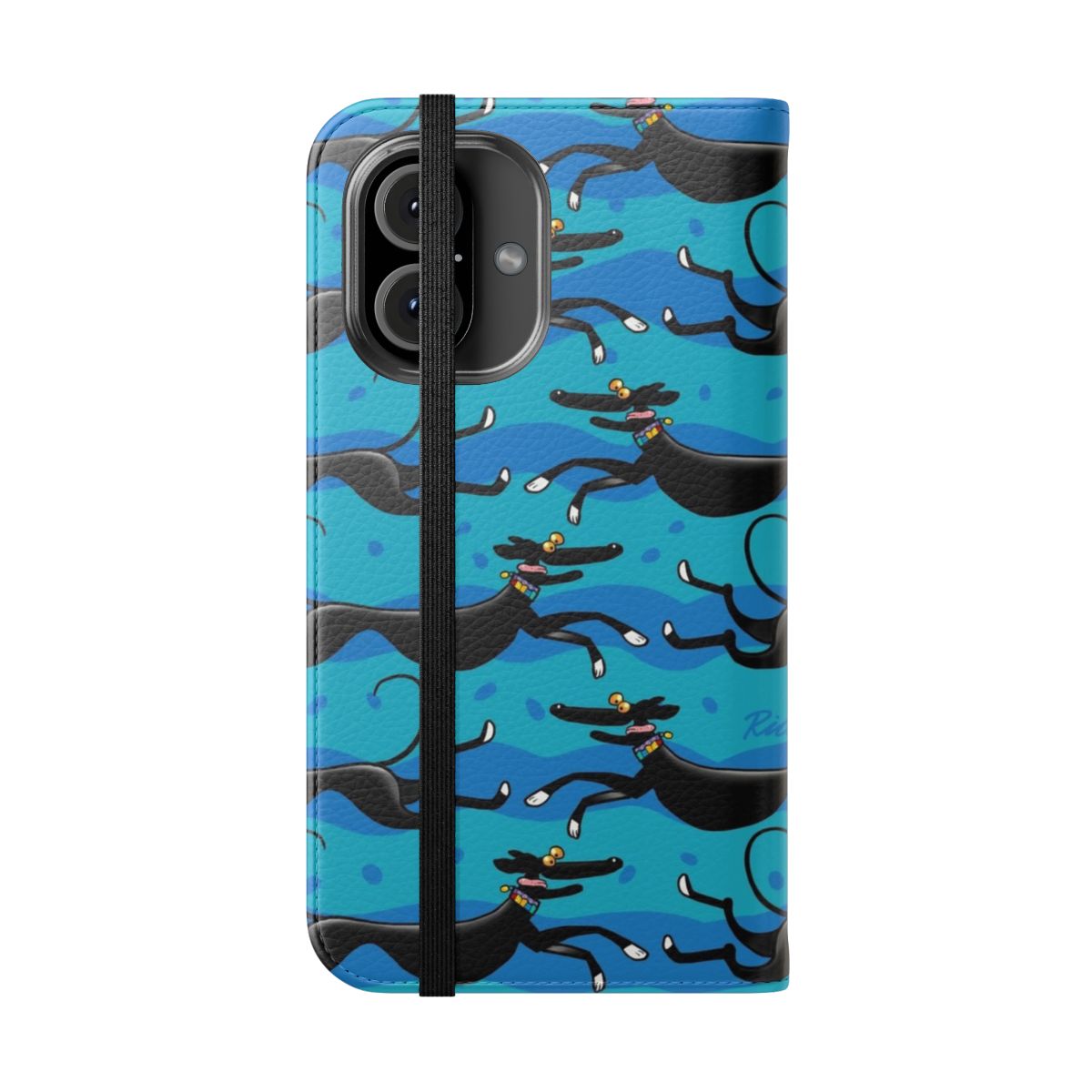 Blue Zoomies pattern phone case featuring cartoon illustrations of greyhounds, whippets, and lurchers - Folded Front