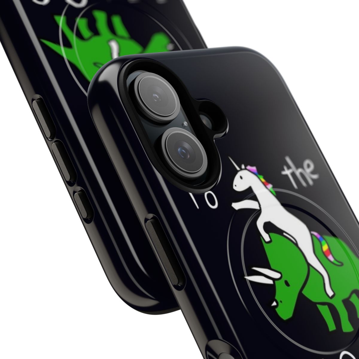 Whimsical phone case featuring a unicorn riding a triceratops against a white background - Detail