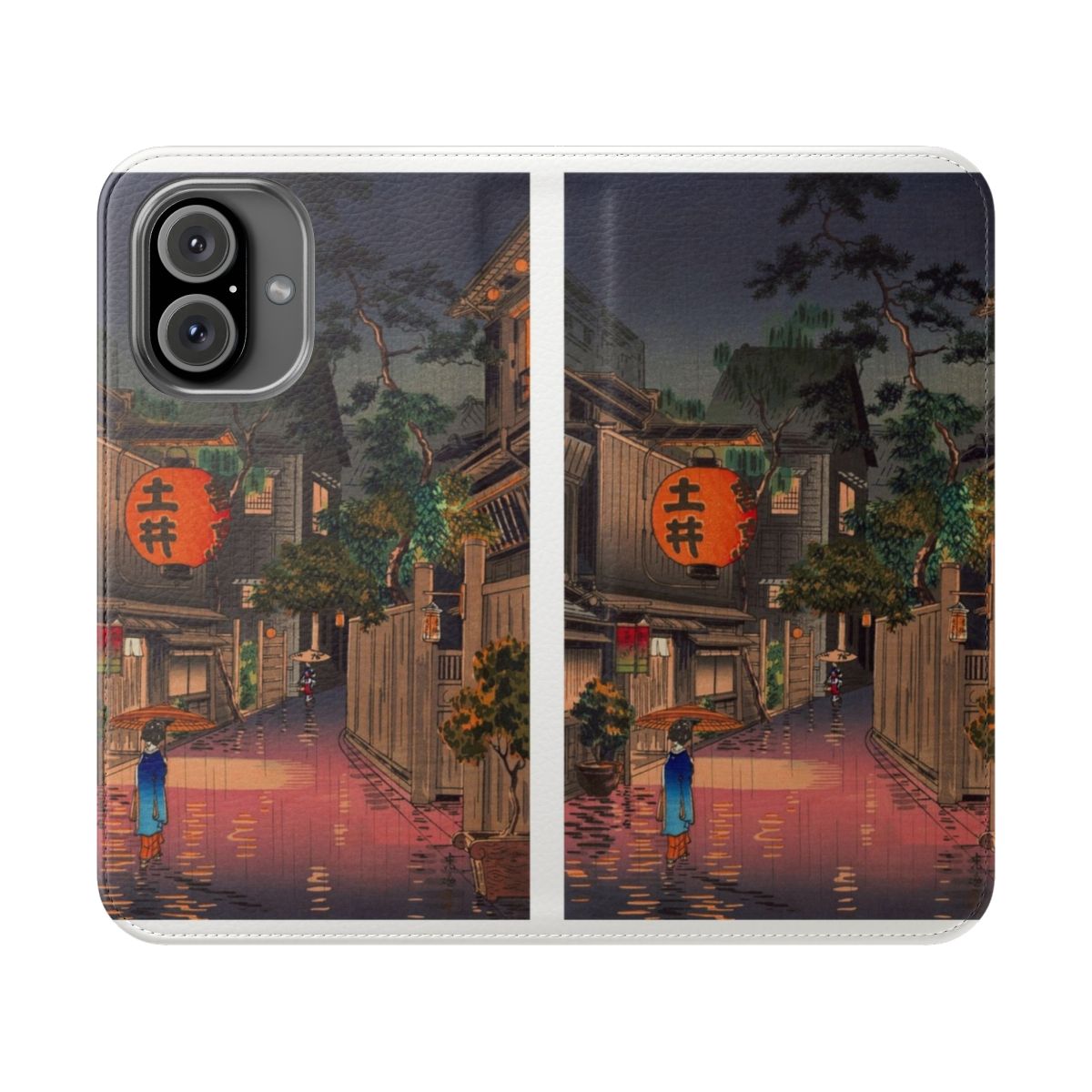 Flip cover phone case with a night street rain scene inspired by Japanese and Asian art