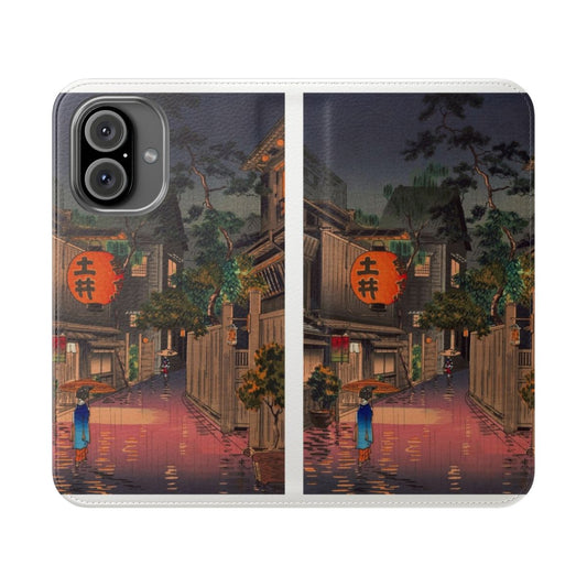 Flip cover phone case with a night street rain scene inspired by Japanese and Asian art