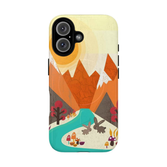 Colorful phone case featuring a scenic landscape with a rabbit, flowers, and mountains