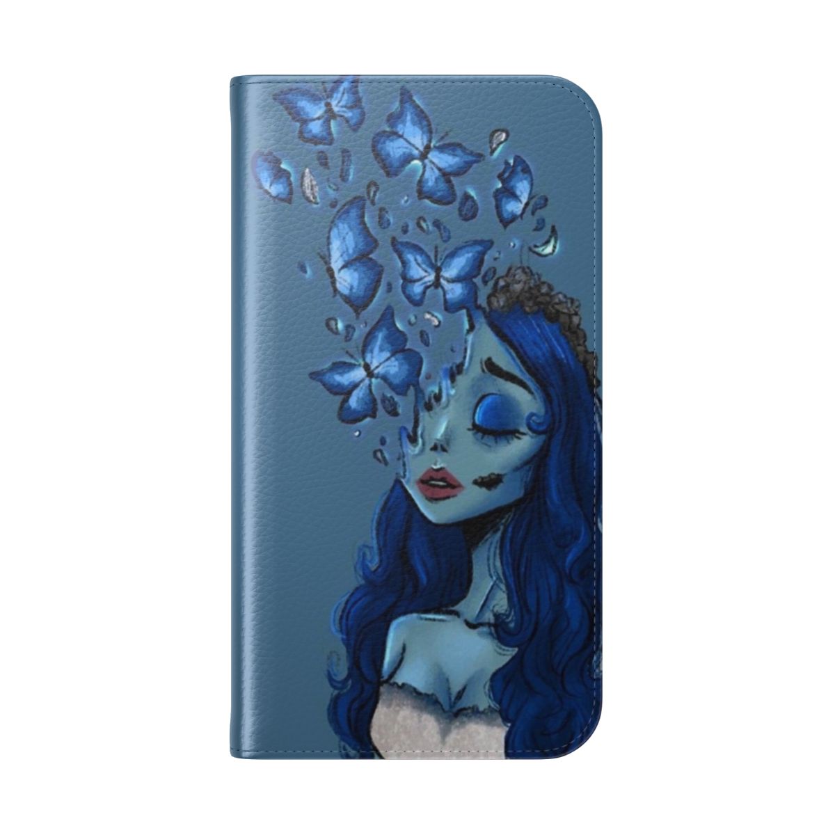 Blue butterfly premium flip cover phone case with Tim Burton inspired design - Folded Back