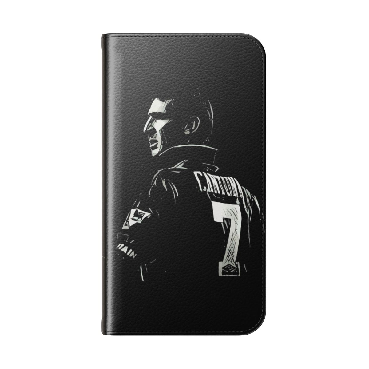 Red flip cover phone case featuring an image of Eric Cantona, the legendary Manchester United footballer - Folded Back